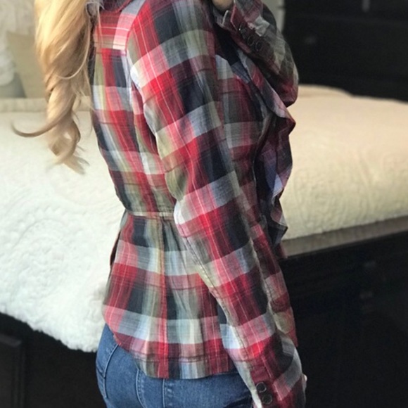 Free People Plaid Ruffle Top with long sleeves - Picture 4 of 5